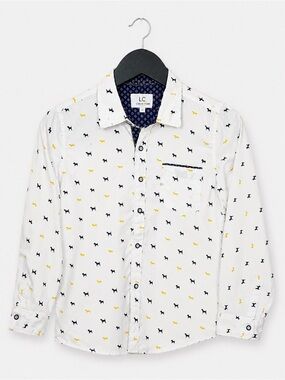 Craft + Flow Little Boy Dog Print Button-Up Shirt Size 6 Large White Navy Yellow